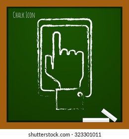 Vector chalk drawn doodle hand of the person with the phone on school board . Concept of communication in the network 