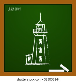 Vector chalk drawn doodle lighthouse icon on school board 