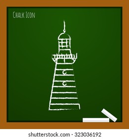 Vector chalk drawn doodle lighthouse icon on school board 