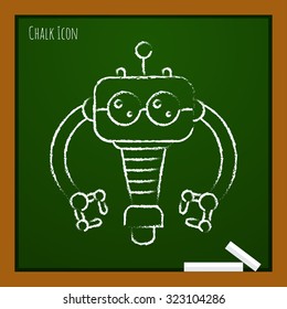 Vector chalk drawn doodle retro robot toy icon on school board 
