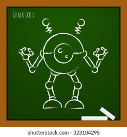 Vector chalk drawn doodle retro robot toy icon on school board 