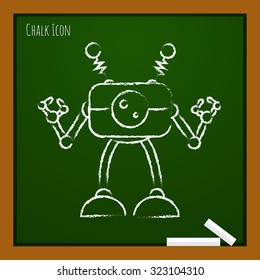 Vector chalk drawn doodle retro robot toy icon on school board 