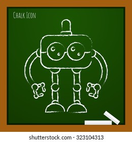 Vector chalk drawn doodle retro robot toy icon on school board 