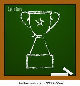 Vector chalk drawn doodle trophy goblet icon on school board . Winner award 