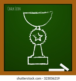 Vector chalk drawn doodle trophy goblet icon on school board . Winner award 