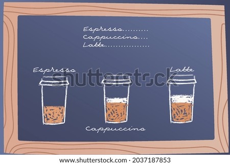 Vector chalk drawn. Espresso, cappuccino and latte. Coffee shop, offer for buyers. Graphic element for website, picture for sale. Cartoon flat vector illustration isolated on dark background