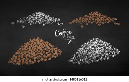 Vector chalk drawn grunge illustration collection of piles of coffee beans on chalkboard background.