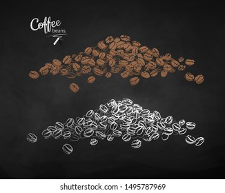 Vector Chalk Drawn Grunge Illustration Set Of Piles Of Coffee Beans On Chalkboard Background.