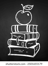 Vector chalk drawn illustration of apple on books on chalkboard background. Education back to school symbol