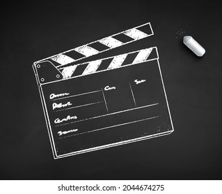 Vector chalk drawn illustration of clapperboard on black chalkboard background.