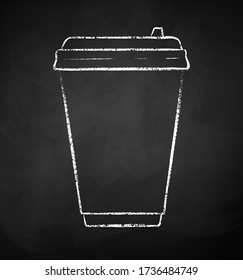 Vector chalk drawn illustration of coffee paper disposable cup on chalkboard background.