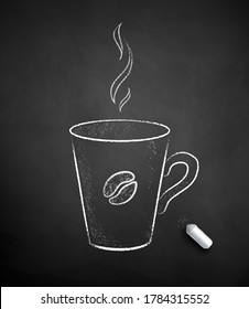 Vector chalk drawn illustration of coffee cup on chalkboard background.