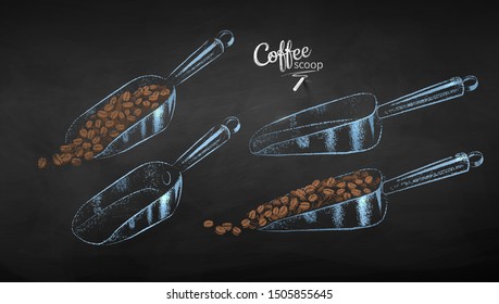 Vector chalk drawn illustration collection of metal coffee scoops empty and with pile of beans on chalkboard background.
