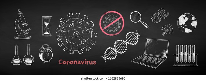 Vector chalk drawn illustration collection of Coronavirus research concept isolated on black chalkboard background.