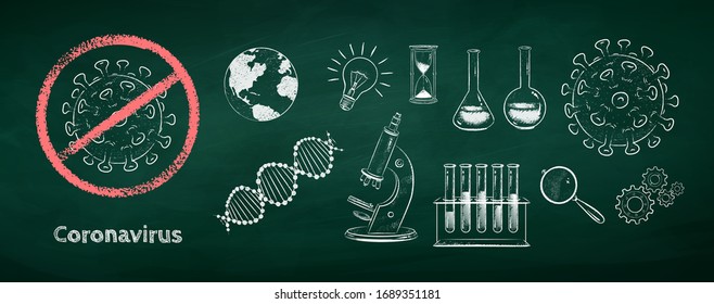 Vector chalk drawn illustration collection of Coronavirus research concept isolated on green chalkboard background. 
