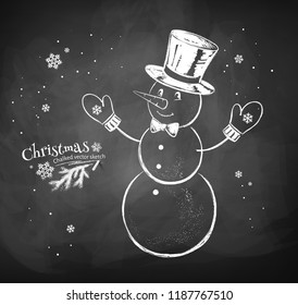 Vector chalk drawn illustration of cute Snowman character wearing cylinder hat on chalkboard background.