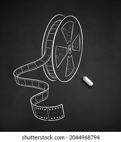 Vector chalk drawn illustration of film reel on black chalkboard background