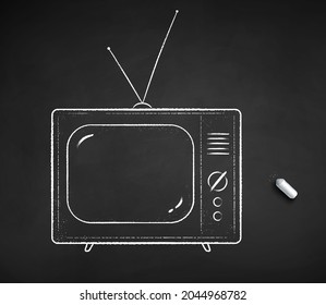 Vector chalk drawn illustration of old TV on black chalkboard background.