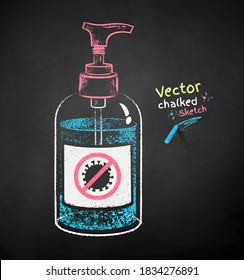 Vector chalk drawn illustration of sanitizer bottle on black chalkboard background.