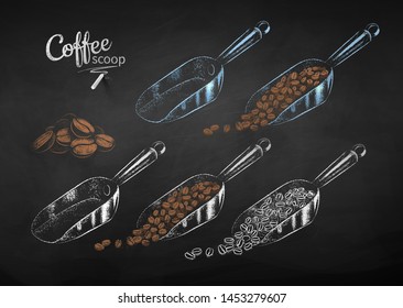 Vector chalk drawn illustration set of metal coffee scoops empty and with pile of beans on chalkboard background.