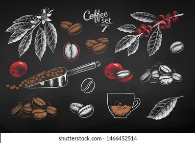 Vector chalk drawn illustration set of coffee items in black and white, brown and red colors on chalkboard background.