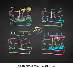 Vector chalk drawn illustration set of piles of books with color variations on black chalkboard background.