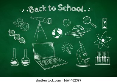 Vector Chalk Drawn Illustration Set Of Science Symbol Objects On Green Chalkboard Background.