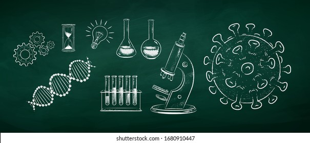 Vektorillustration Kreide gezeichnet Illustration Satz von Coronavirus Forschungskonzept einzeln auf grünem Chalkboard-Hintergrund.