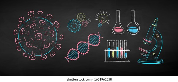 Vector chalk drawn illustration set of Coronavirus research concept isolated on black chalkboard background.