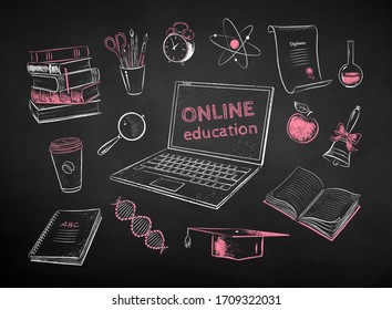 Vector chalk drawn illustration set of online education items on black chalkboard background.