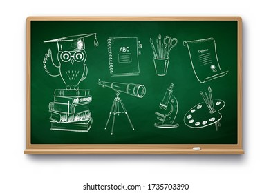 Vector chalk drawn illustration set of education symbol objects on green chalkboard with shadow isolated on white background.