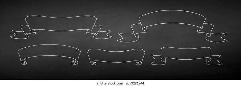 Vector chalk drawn illustration set of line art scroll ribbon banners on chalkboard background.