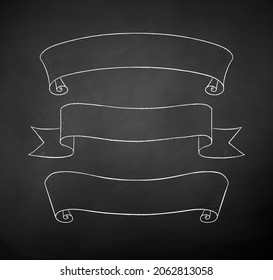 Vector chalk drawn illustration set of line art scroll ribbon banners on chalkboard background.