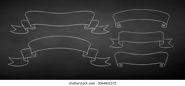 Vector chalk drawn illustration set of line art scroll ribbon banners on chalkboard background.