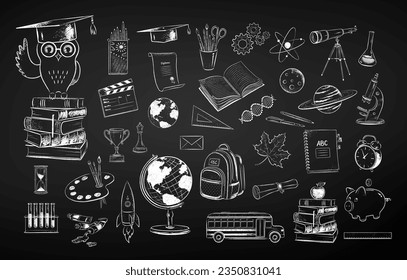 Vector chalk drawn illustration set of education and science items on chalkboard background.