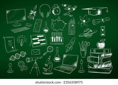 Chaleta de vectores dibujó un conjunto de elementos de educación y ciencia sobre el fondo de pizarra verde.