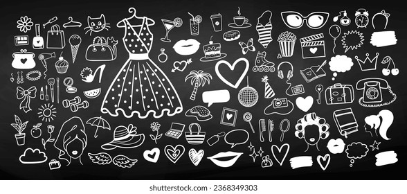 Vector chalk drawn illustration set of beauty and fashion isolated doodles and sketches