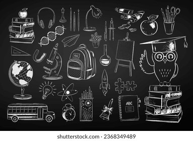 Vector chalk drawn illustration set of education and science items on chalkboard background.