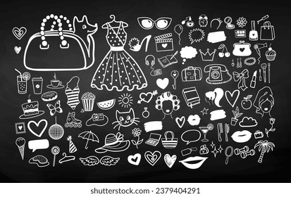 Dibujo de tiza vectorial conjunto de dibujos y dibujos de belleza y moda