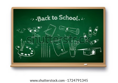 Vector chalk drawn illustration set of art education objects on green chalkboard with shadow isolated on white background.