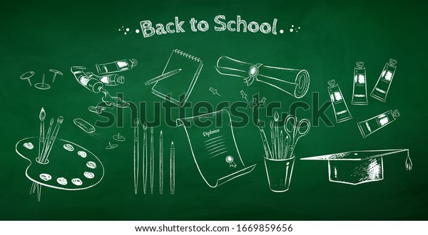 Vector chalk drawn illustration\
set of art students supplies on green chalkboard\
background.