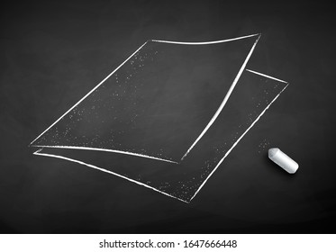 Vector chalk drawn illustration of sheets of paper on chalkboard background with piece of chalk.