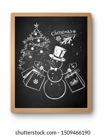 Vector chalk drawn illustration of Snowman and Christmas tree on chalkboard background with shadow isolated on white.
