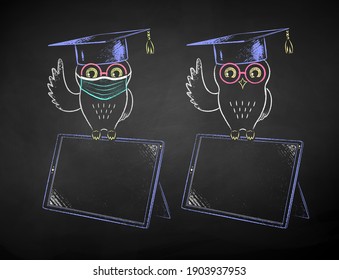 Vector chalk drawn illustrations of student owl sitting on digital tablet with and without face mask on black chalkboard background.
