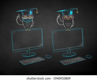 Vector chalk drawn illustrations of student owl sitting on desktop screen with and without face mask on black chalkboard background.