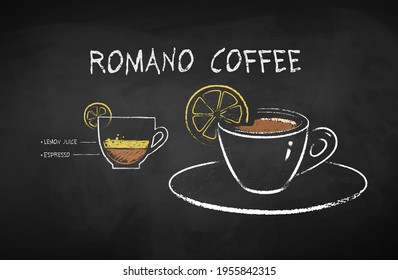 Dibujo gráfico de tiza vectorial de la receta de café de Romano en el fondo de la pizarra.