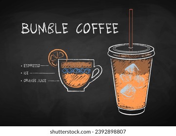 Vector chalk drawn infographic illustration of Bumble Coffee recipe on chalkboard background.