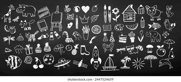 Vector chalk drawn line art child drawings style illustration set