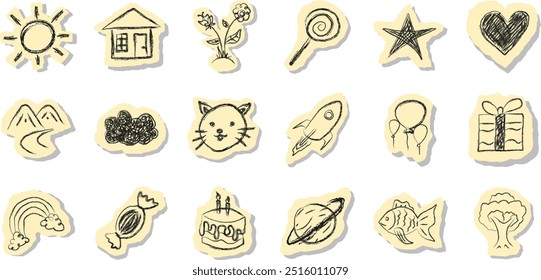 Vector chalk drawn line art child drawings style illustration set