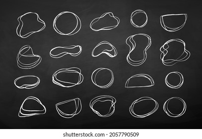 Vector chalk drawn set of grunge line art liquid shapes isolated on chalkboard background.